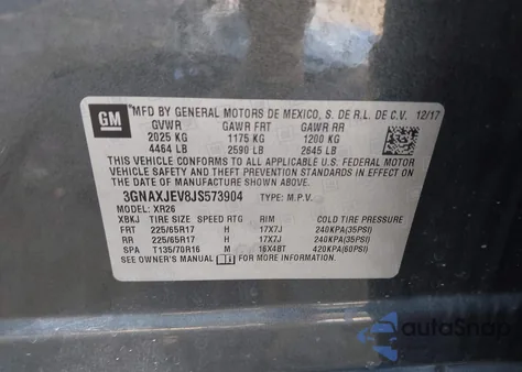 2018 Chevrolet Equinox Lt z USA, uszkodzony, nr VIN 3GNAXJEV8JS573904